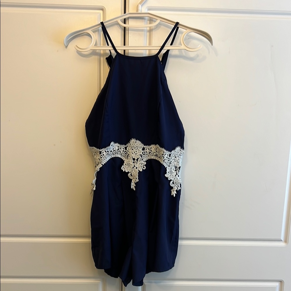 Source Unknown Navy Blue Lace Trim Romper